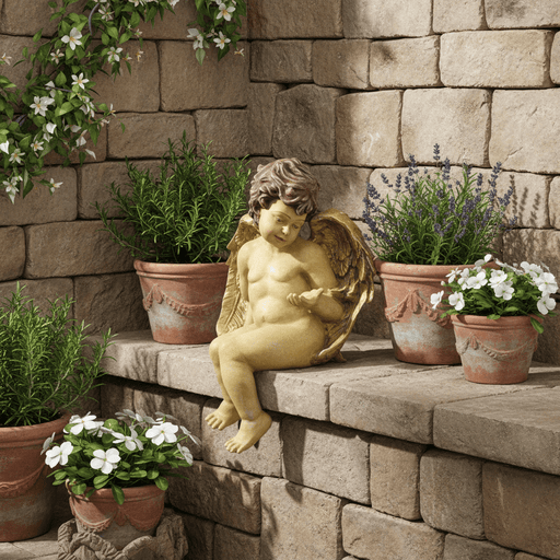 Sitting Winged Cherub Outdoor Statue (10 - Inch) Side Angle
