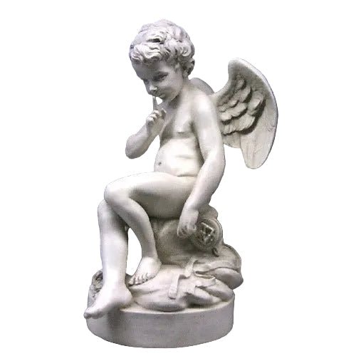 Sitting winged cherub with a finger to its lips in a "shushing" pose on a cloud-like base. Outdoor Statue (37-Inch)