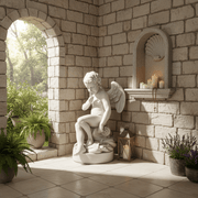 Sitting winged cherub with a finger to its lips in a "shushing" pose on a cloud-like base. Outdoor Statue (37-Inch)