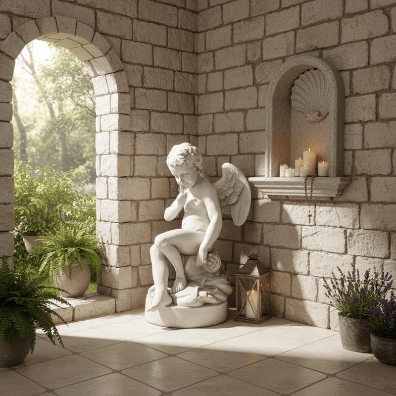 Sitting winged cherub with a finger to its lips in a "shushing" pose on a cloud-like base. Outdoor Statue (37-Inch)