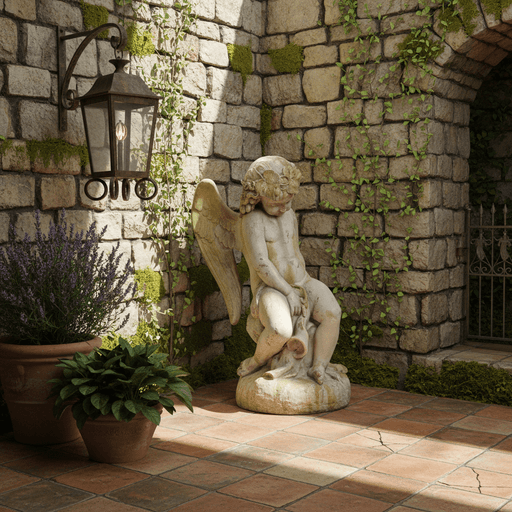 Sitting Winged Cherub With A Horn. Outdoor Statue (34 - Inch)