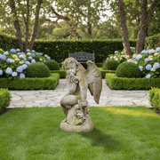 Sitting Winged Cherub With Doll Outdoor Statue (34 - Inch) Side Angle