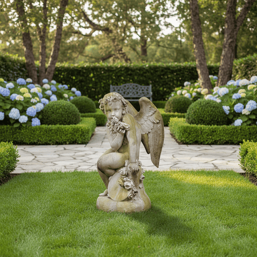 Sitting Winged Cherub With Doll Outdoor Statue (34 - Inch) Side Angle