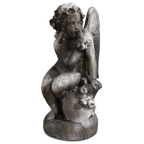Sitting Winged Cherub With Doll Outdoor Statue (34 - Inch)