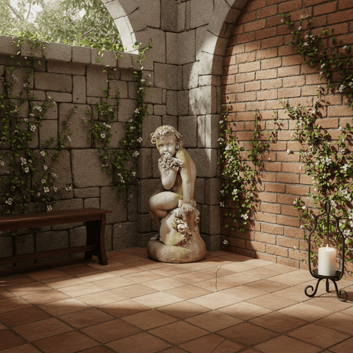 Sitting Winged Cherub With Horn Outdoor Statue (34 - Inch)