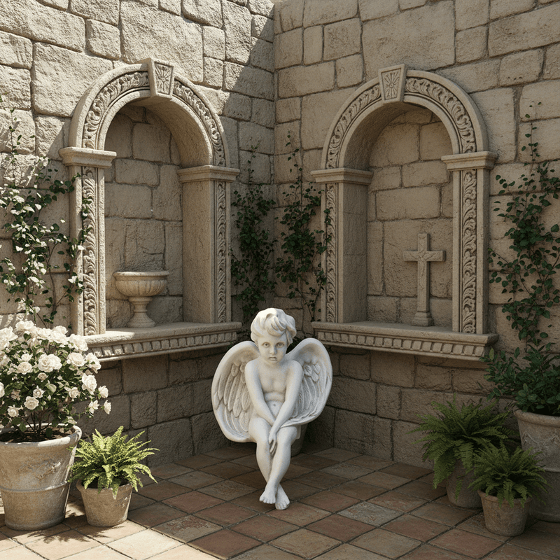 Sorrowful Winged Cherub Outdoor Statue (24 - Inch) Side Angle