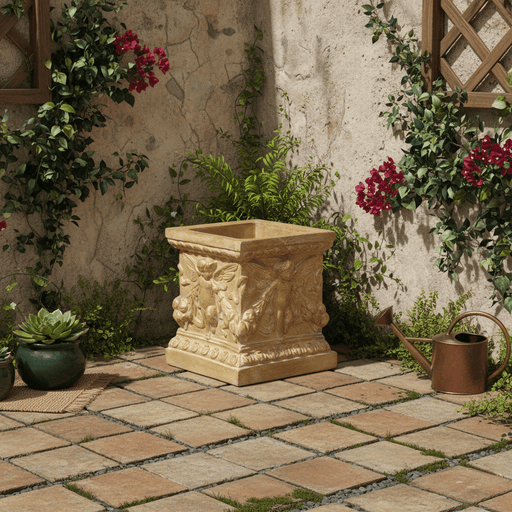 Square planter with Winged Cherubs Outdoor Statue (8 - Inch) Side Angle