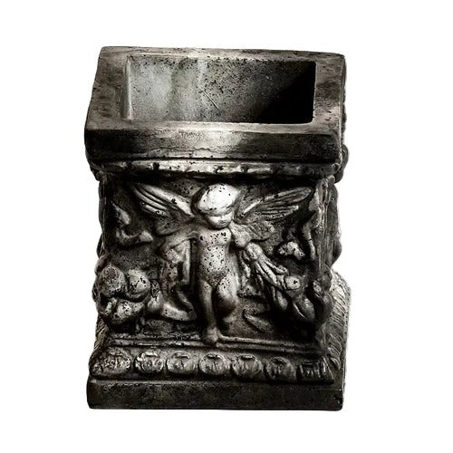 Square planter with Winged Cherubs Outdoor Statue (8 - Inch) Side View