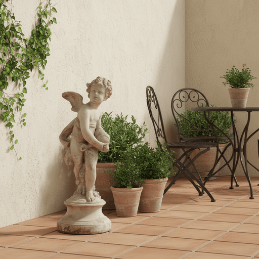 Standing Cherub Holding A Shell On A Round Base. Outdoor Statue (24 - Inch)