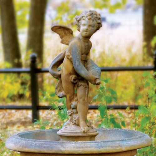 Standing Cherub Holding A Shell On A Round Base. Outdoor Statue (24 - Inch)