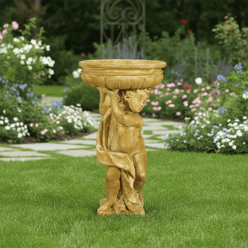 Standing Winged Cherub Holding Bowl Outdoor Statue (37 - Inch)