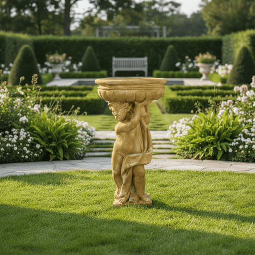 Standing Winged Cherub Holding Bowl Outdoor Statue (37 - Inch) Side Angle
