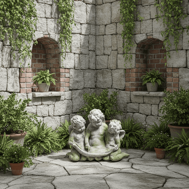 Three Cherub Birdfeeder Statue (13 - Inch) Side Angle