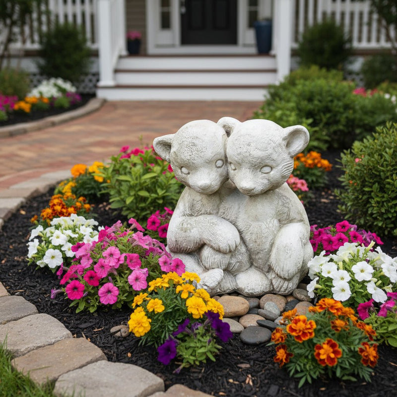Twin Bear Cubs Garden Statue (14 - Inch) Side Angle