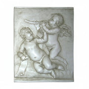 Two - Cupid Relief Plaque With Horn And Scroll. Outdoor Statue (33 - Inch)