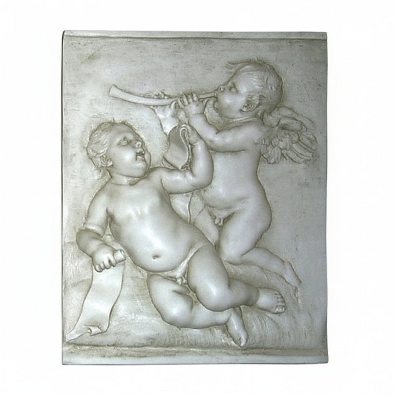 Two - Cupid Relief Plaque With Horn And Scroll. Outdoor Statue (33 - Inch)