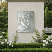 Two - Cupid Relief Plaque With Horn And Scroll. Outdoor Statue (33 - Inch) Side Angle