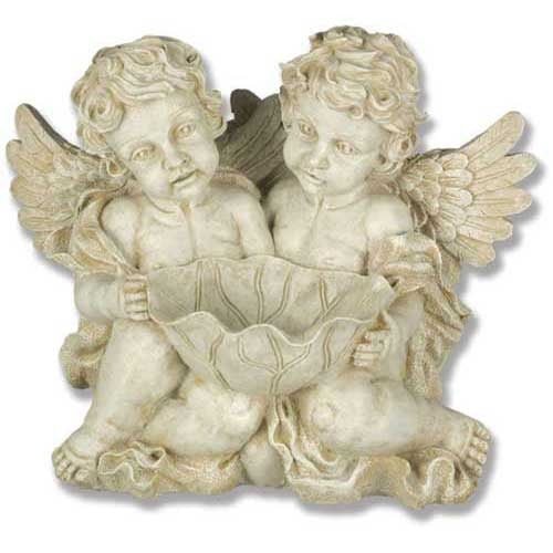 Two Sitting Winged Cherubs Holding Bowl Outdoor Statue (9 - Inch)