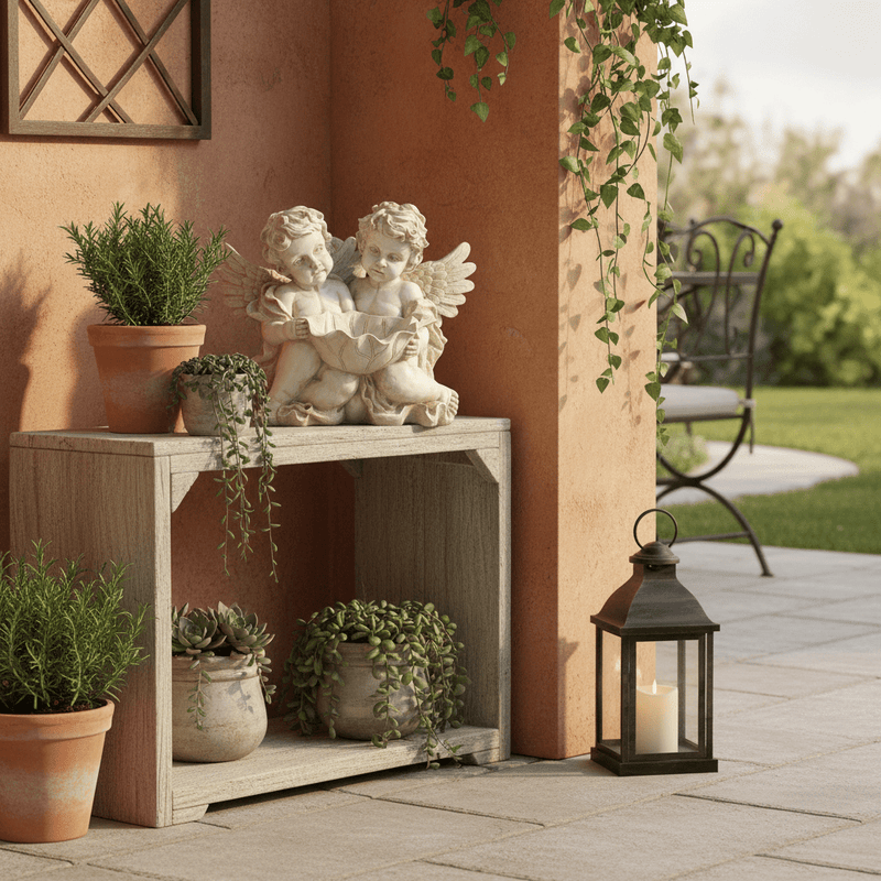 Two Sitting Winged Cherubs Holding Bowl Outdoor Statue (9 - Inch) Side Angle