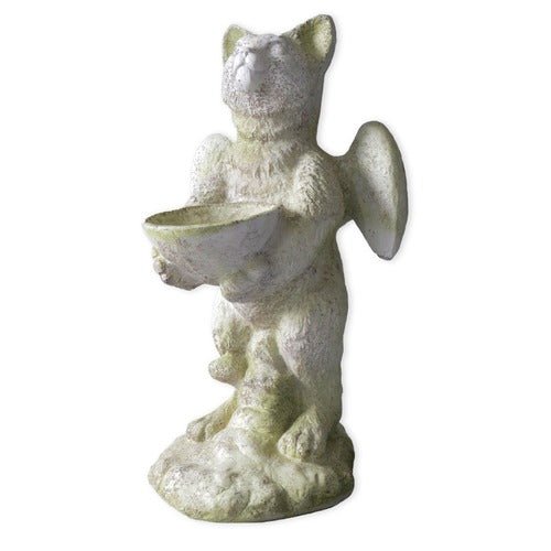 Whimsical cat angel statue holding a shallow bowl with small wings. Outdoor Statue (21 - Inch)