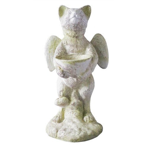 Whimsical cat angel statue holding a shallow bowl with small wings. Outdoor Statue (21 - Inch) Side View