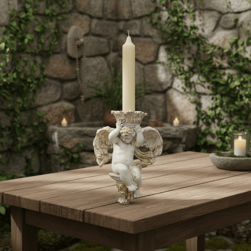 Winged Cherub Candle Holder Outdoor Statue (10 - Inch) Side Angle