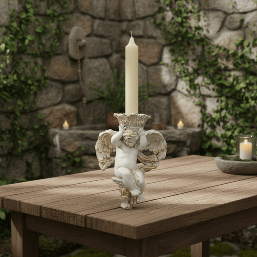 Winged Cherub Candle Holder Outdoor Statue (10 - Inch) Side Angle