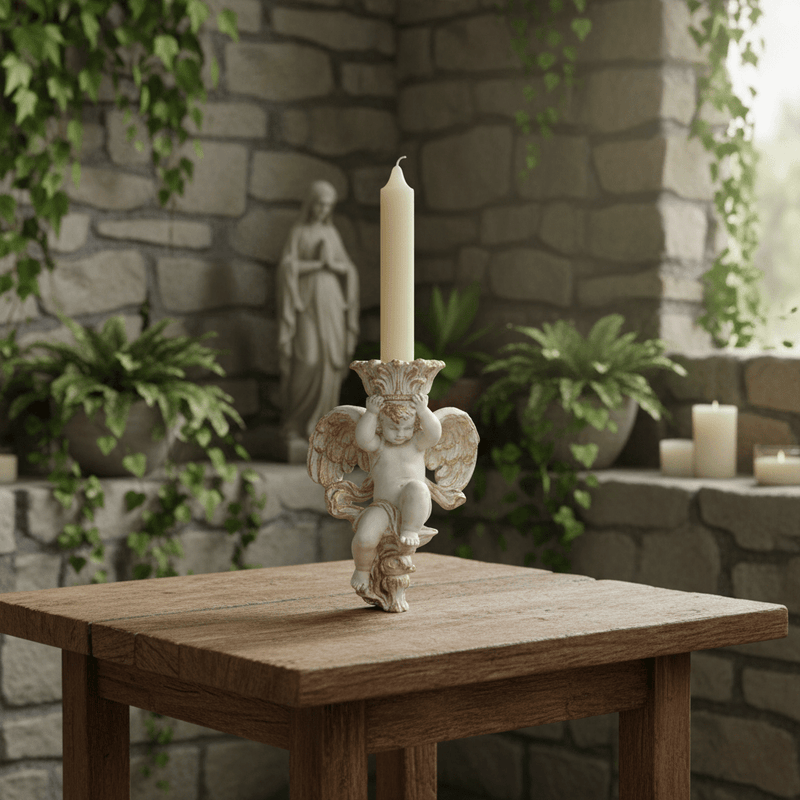 Winged Cherub Candle Holder Outdoor Statue (10 - Inch) Side Angle