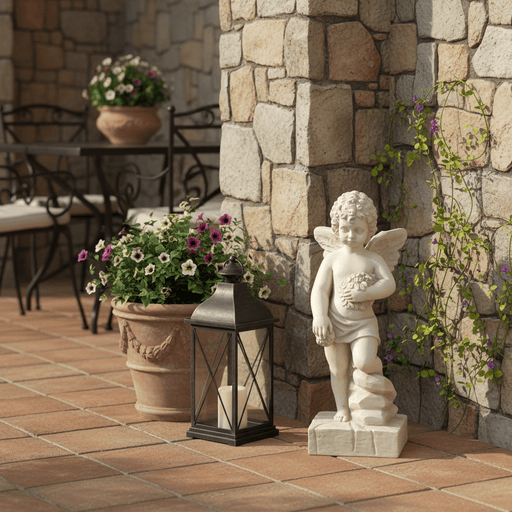 Winged Cherub holding wreath on Base Outdoor Statue (18-Inch)