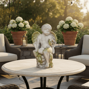Winged Cherub On Rock Base Outdoor Statue (18-Inch)