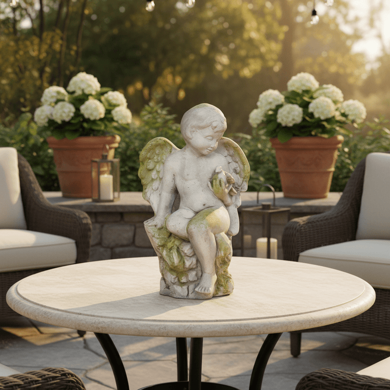 Winged Cherub On Rock Base Outdoor Statue (18-Inch)