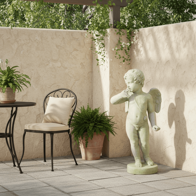 Winged Cherub Outdoor Statue (30 - Inch) Side Angle