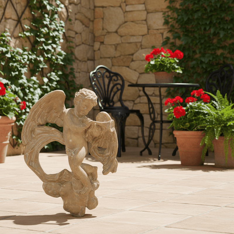 Winged Cherub Playing a Flute on a Cloud Outdoor Statue (17 - Inch) Side Angle