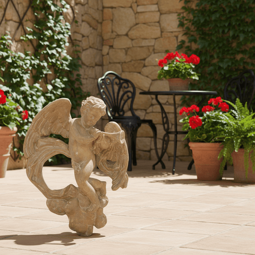 Winged Cherub Playing a Flute on a Cloud Outdoor Statue (17 - Inch) Side Angle