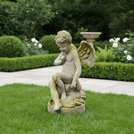 Winged Cherub Shushing Pose Outdoor Statue (37 - Inch) Side Angle