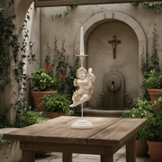 Winged Cherub Sitting And Playing A Lute, Candle Holder At The Top. Outdoor Statue (17 - Inch) Side Angle