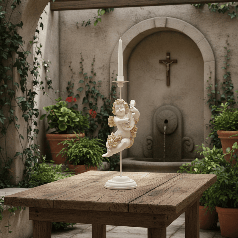 Winged Cherub Sitting And Playing A Lute, Candle Holder At The Top. Outdoor Statue (17 - Inch) Side Angle