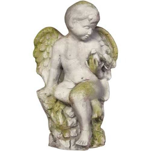 Winged Cherub With Bird Outdoor Statue (18 - Inch)