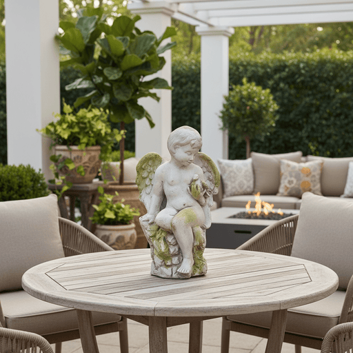 Winged Cherub With Bird Outdoor Statue (18 - Inch) Side Angle