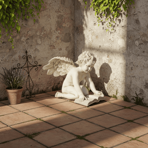 Winged Cherub With Book Outdoor Statue (15 - Inch) Side Angle