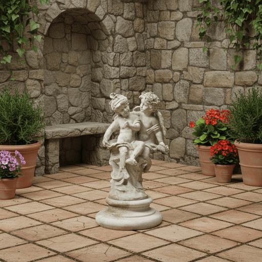 Winged Cherubs Playing Outdoor Statue (16 - Inch) Side Angle