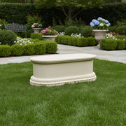 Oval pedestal table base with classical old world European design, featuring ornate carved detailing and a Renaissance-inspired motif. Side Angle